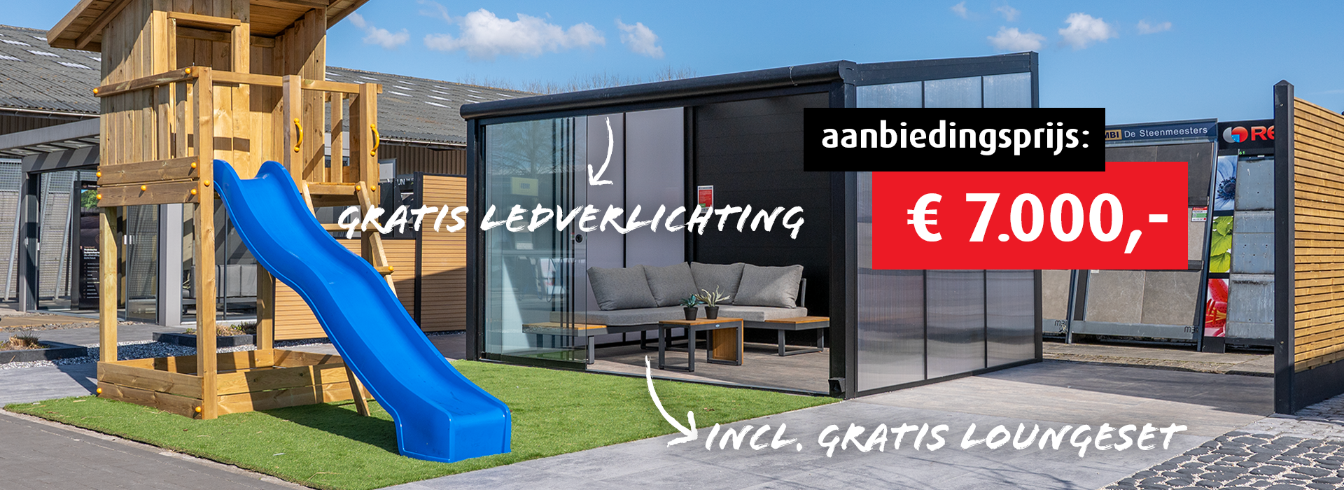 Tuinkamer actie header met prijs